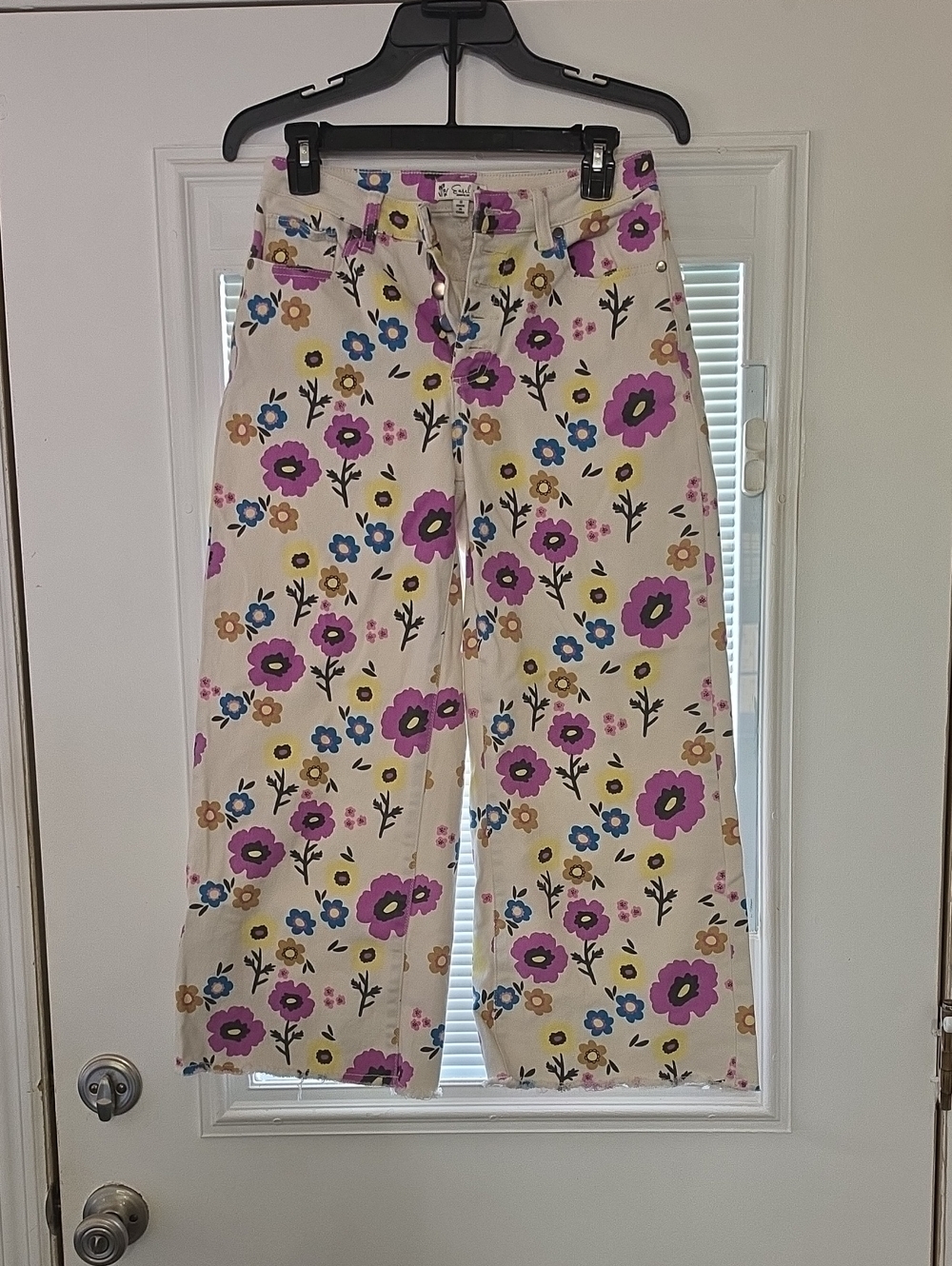 easel Cream Floral Wide-Leg Pants with Purple, Blue & Yellow Flowers